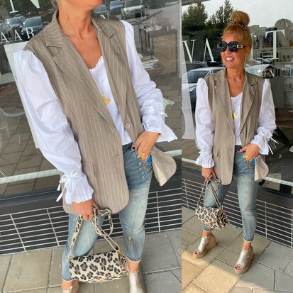 Krijtstreep blazer met mouw taupe