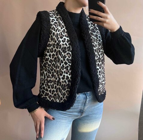 Teddy leopard gilet - zwart